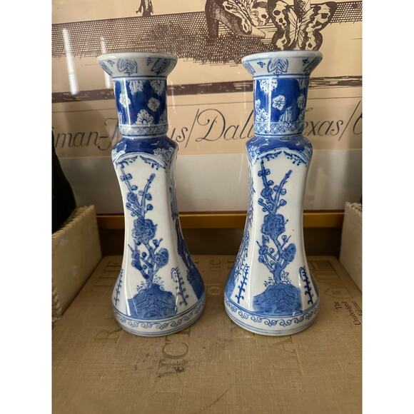 2 China Chinese Blue & White Porcelain Candlesticks Bamboo Prunus & Fungi pair - Picture 7 of 16